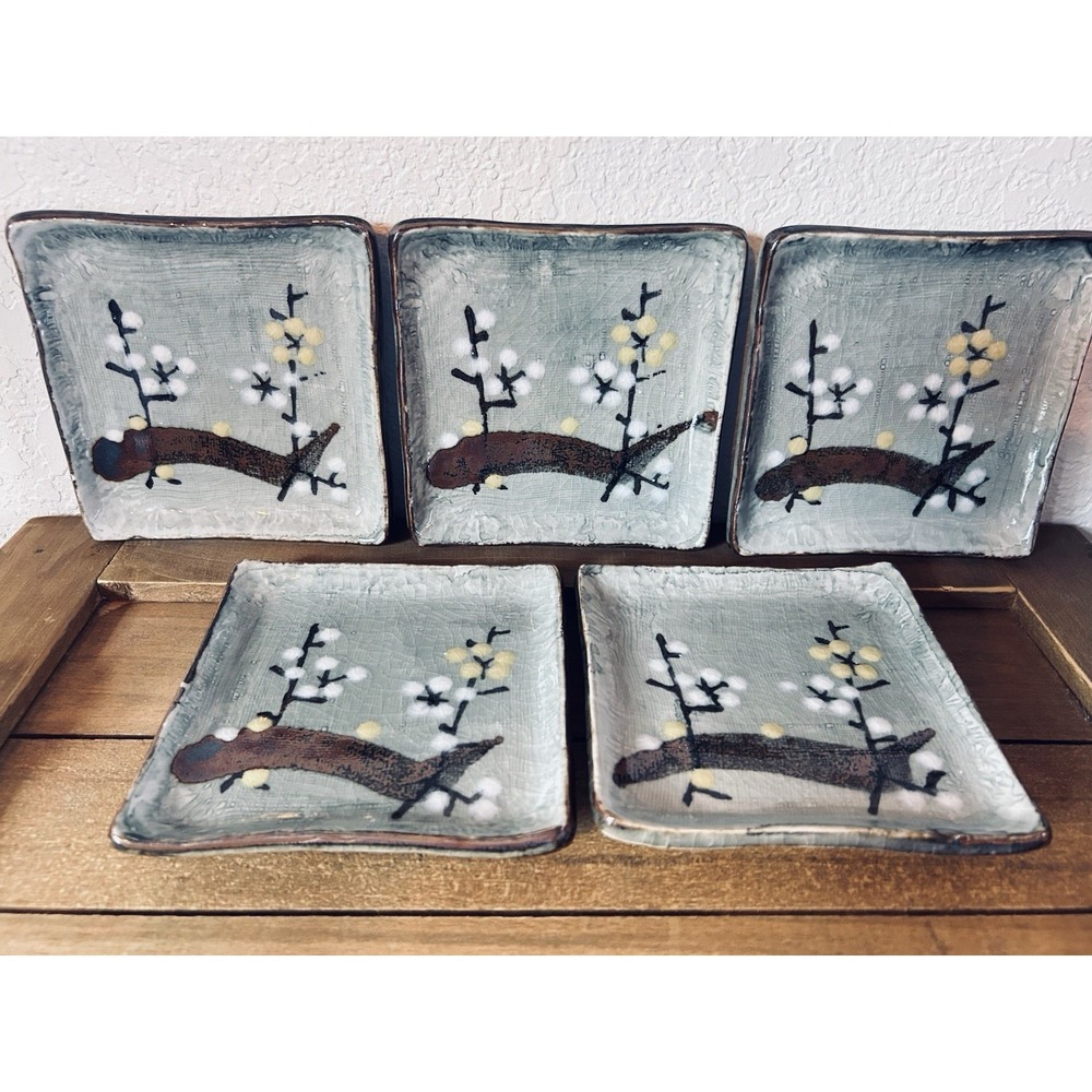 Mid Century Modern Ceramic Appetizer Plates Set of 5 Organic Branch Motif 5x5